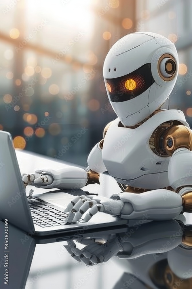 Happy customer service robot using computer in office with blurred background for text Happy customer service robot using computer in office with blurred background for text