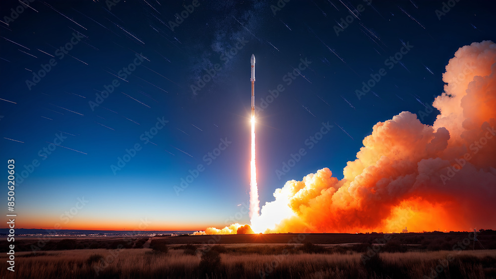 Obraz premium A majestic rocket ascending into the sky, leaving a trail of fiery exhaust behind.
