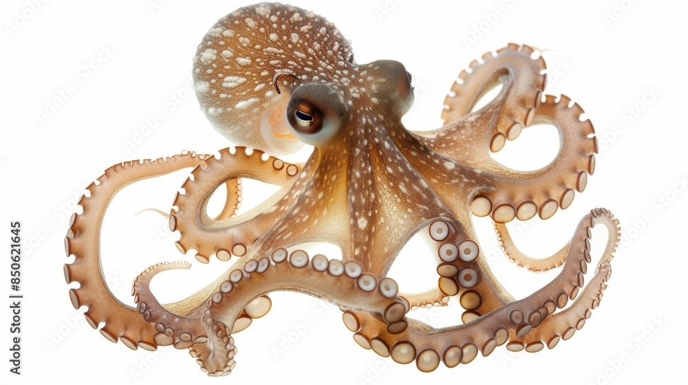 Fototapeta premium Elegantly floating octopus with tentacles extended on a white backdrop, highlighting detailed patterns and vivid hues. Stunning close-up photo of a fascinating sea creature