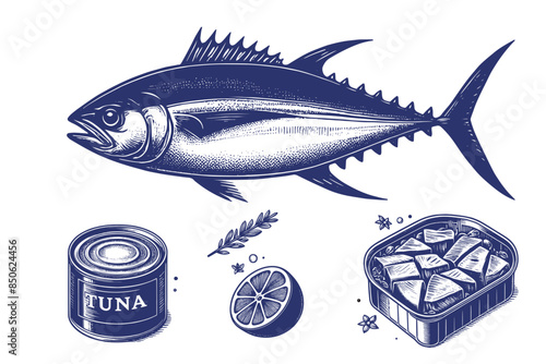 Tuna. Canned fish set. Vintage hand drawn vector illustration, isolated objects, cut out.