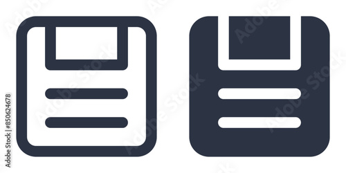 Set of Save or Save As icons depicting a floppy disk in filled, outline, line and stroke style