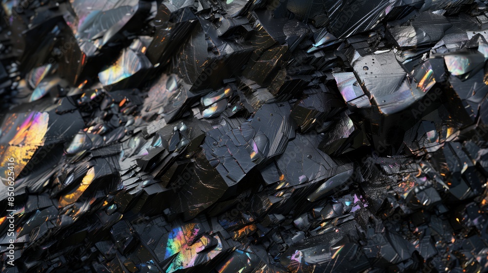 Black rocky surface with iridescent reflections. Black titanium, tourmaline, hematite sample. Bright, full-screen rocky background.