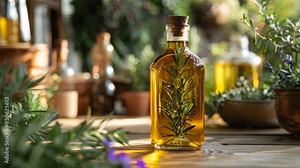 Rosemary Infused Oil Bottle in Rustic Setting Rosemary Infused Oil Bottle in Rustic Setting