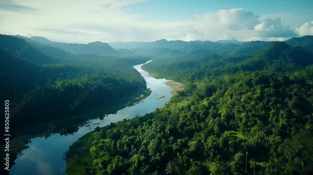 Lush rainforest and rivers in summer, rainforest covered by green trees, beautiful tropical vista landscape, similar to Amazon rainforest, Congo, Southeast Asia, and other regions. Lush rainforest and rivers in summer, rainforest covered by green trees, beautiful tropical vista landscape, similar to Amazon rainforest, Congo, Southeast Asia, and other regions.
