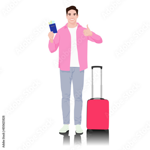 Young man tourist with passport and tickets showing thumb up. Male in casual clothes with a suitcase. Young male traveler goes on a journey. Vector illustration isolated on white