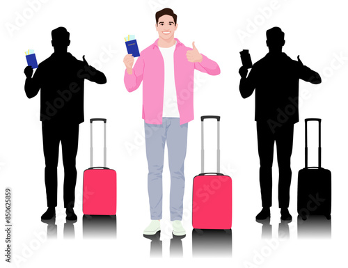 Young man tourist with passport and tickets showing thumb up. Male in casual clothes with a suitcase. Young male traveler goes on a journey. Vector illustration isolated on white