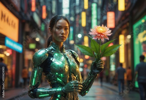 A futuristic, green-clad female human-cyborg hybrid holds a glowing flower in a bustling, neon-lit city street.