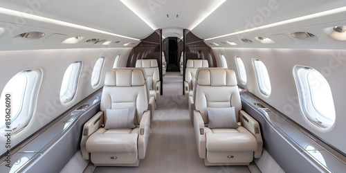Contemporary private jet interior with luxurious amenities and sleek design. Concept Private Jet Interiors, Luxurious Amenities, Sleek Designs, Contemporary Decor