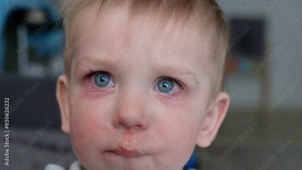 Red swollen eyes from conjunctivitis child, ill allergic eyes in babies. Close-up of a baby with conjunctivitis Red swollen eyes from conjunctivitis child, ill allergic eyes in babies. Close-up of a baby with conjunctivitis