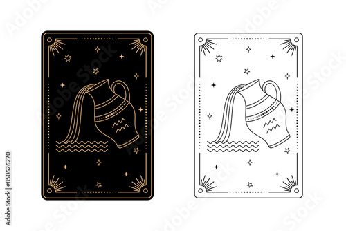 Tarot card with aquarius zodiac style. Simple line art style.