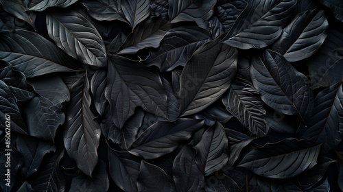 Textures of abstract black leaves for tropical leaf background. Flat lay, dark nature concept, tropical leaf, digital © vannet