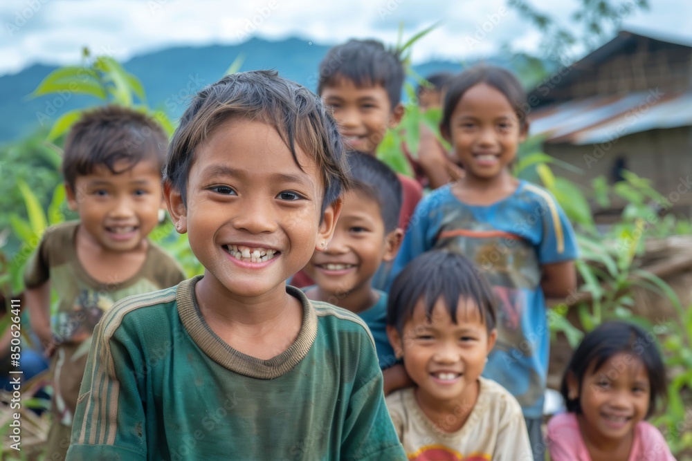 Group of kids smiling and looking at the camera in the village. Group of kids smiling and looking at the camera in the village.