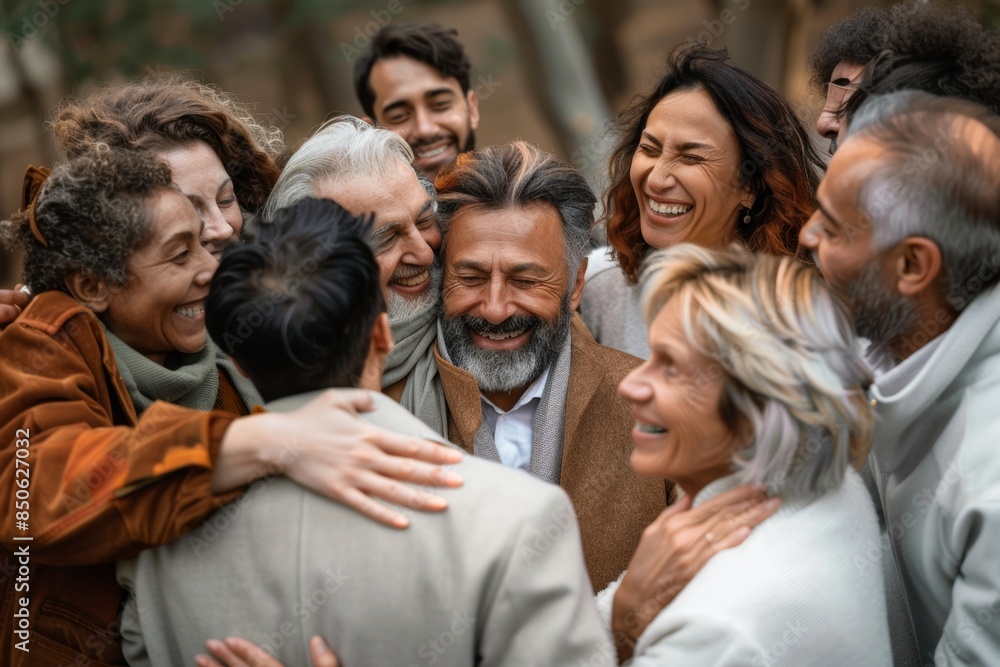 Group of happy senior friends hugging and laughing together in the park. Group of happy senior friends hugging and laughing together in the park.