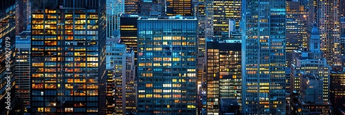 City buildings with lights on at night on a background of city buildings