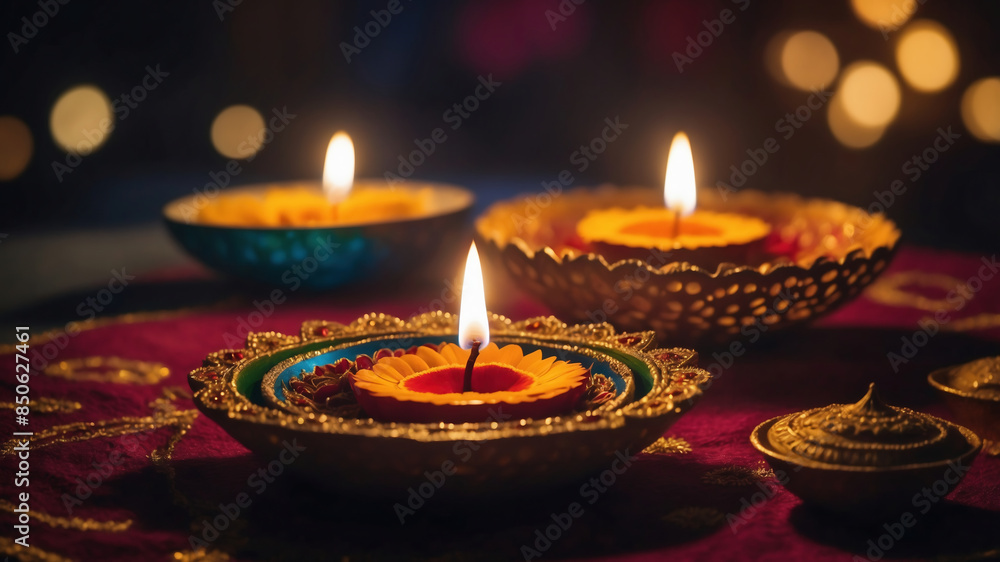 Beautifully Lit Diwali Diyas with Decorative Bowls Creating a Warm and Festive Ambiance Beautifully Lit Diwali Diyas with Decorative Bowls Creating a Warm and Festive Ambiance