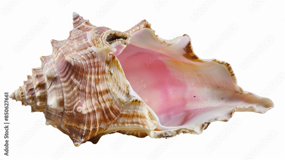 Large conch seashell with a beautiful pink interior elegantly displayed on a clean white background. Highlighting its intricate spiral pattern and texture in a stunning close-up shot Large conch seashell with a beautiful pink interior elegantly displayed on a clean white background. Highlighting its intricate spiral pattern and texture in a stunning close-up shot