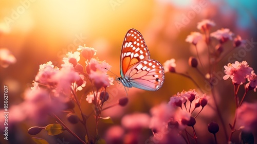 Macro Photograph of Beautiful Pink Wildflowers with an Orange Butterfly. Nature Wallpaper. © Muzamil