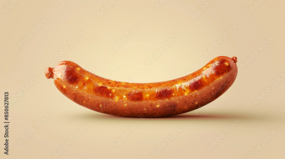 Close-up view of a single grilled sausage against a plain beige background, highlighting texture and color. Close-up view of a single grilled sausage against a plain beige background, highlighting texture and color.