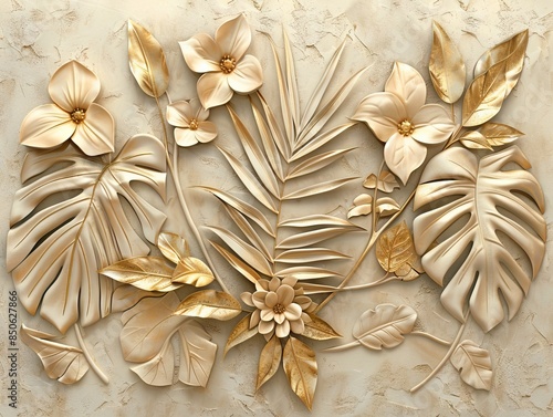 Gold floral plants and palm leaves Wallpaper Mural, 3d illustration, grey background, abstract tropical leaves, banana leaves with 3d lines. AI generated illustration © 3D
