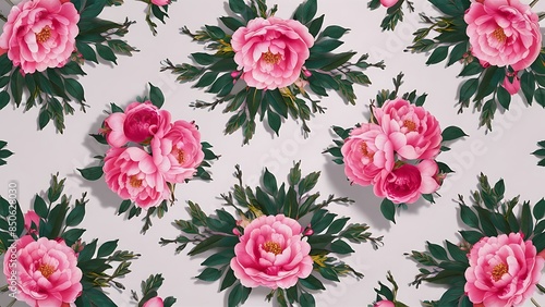 Floral pattern made of pink peonies green leaves branches on white background flat lay top view valentine s background floral background pattern of flowers