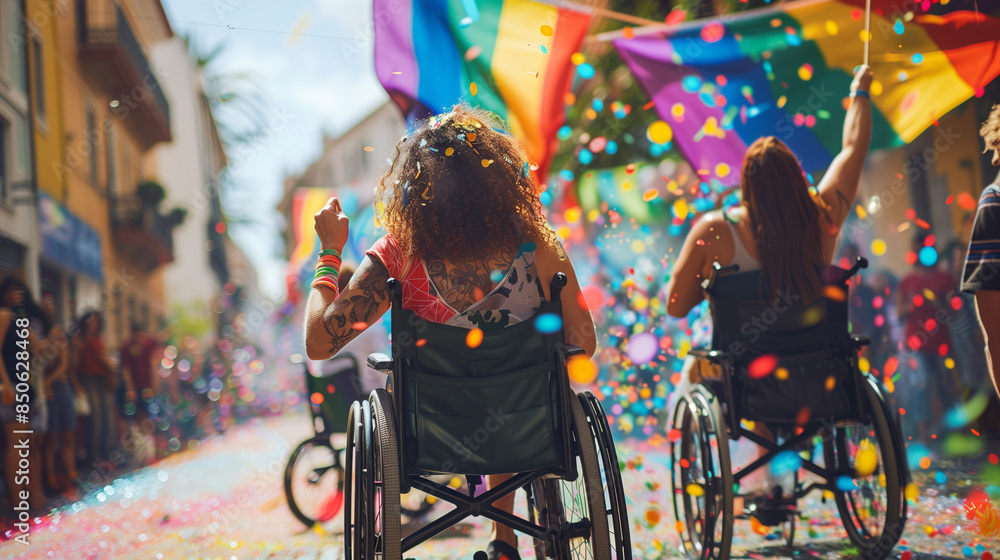 Obraz premium back view of happy disabled people in wheelchairs celebrating Pride Month, inclusivity life without boundaries