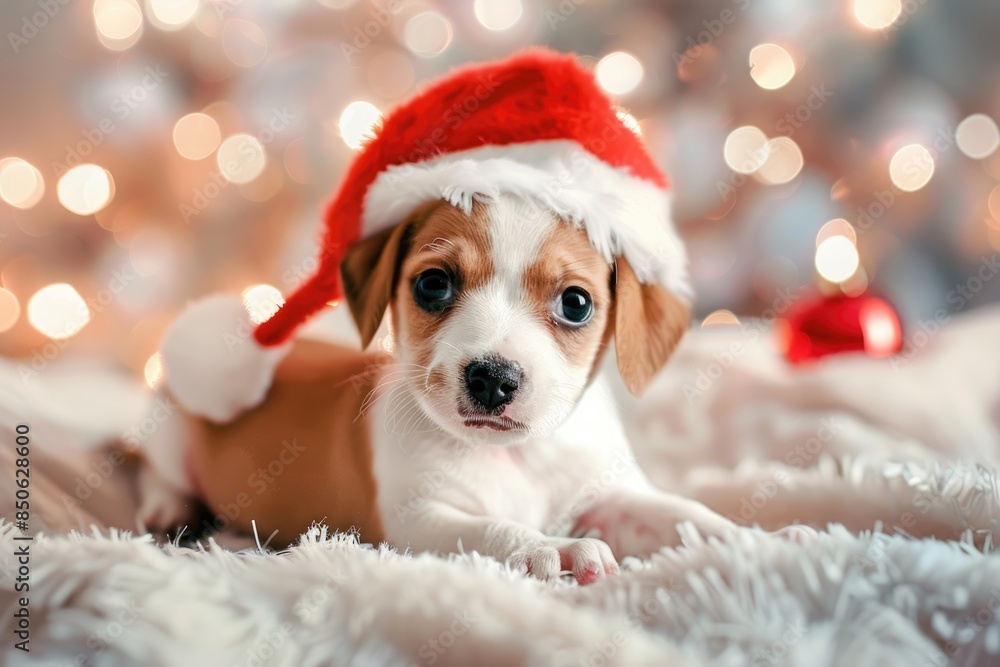Adorable Puppy in Santa Hat Lying on Knitted Blanket with Festive Background Lights Adorable Puppy in Santa Hat Lying on Knitted Blanket with Festive Background Lights