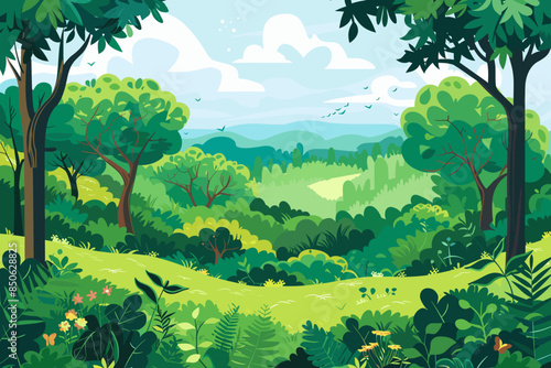 Deep green forest landscape with lush pants, grass and trees