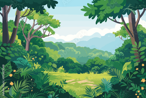 Deep green forest landscape with lush pants, grass and trees