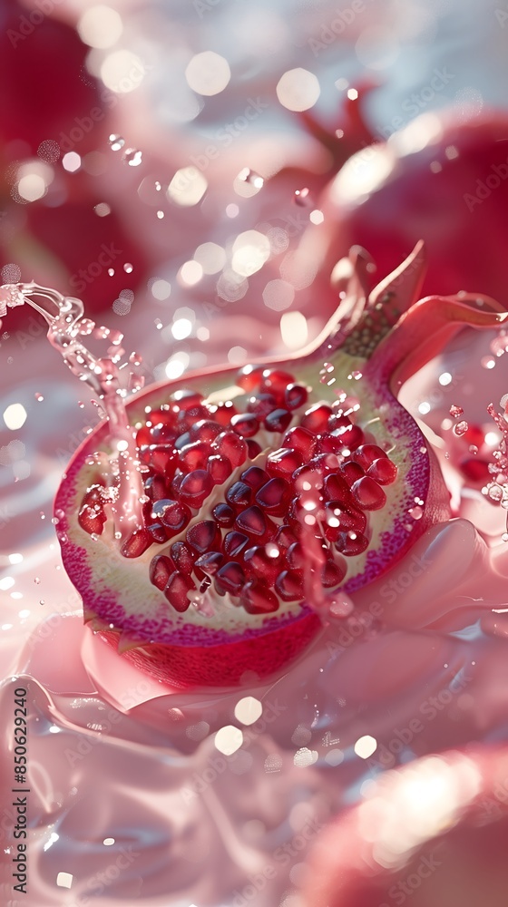 Pomegranate Splashing in Water, Capturing the Juicy Seeds and Vibrant Red Color Pomegranate Splashing in Water, Capturing the Juicy Seeds and Vibrant Red Color