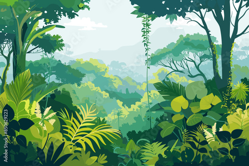 Deep green forest landscape with lush pants, grass and trees