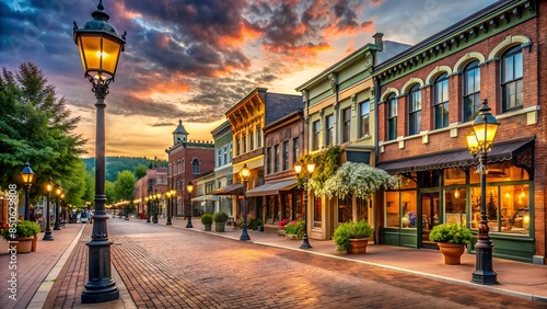 a picturesque street at dusk. The sky displays vibrant hues of orange, yellow, and blue. Lined with two-story buildings featuring classic architectural details, the street exudes charm photo