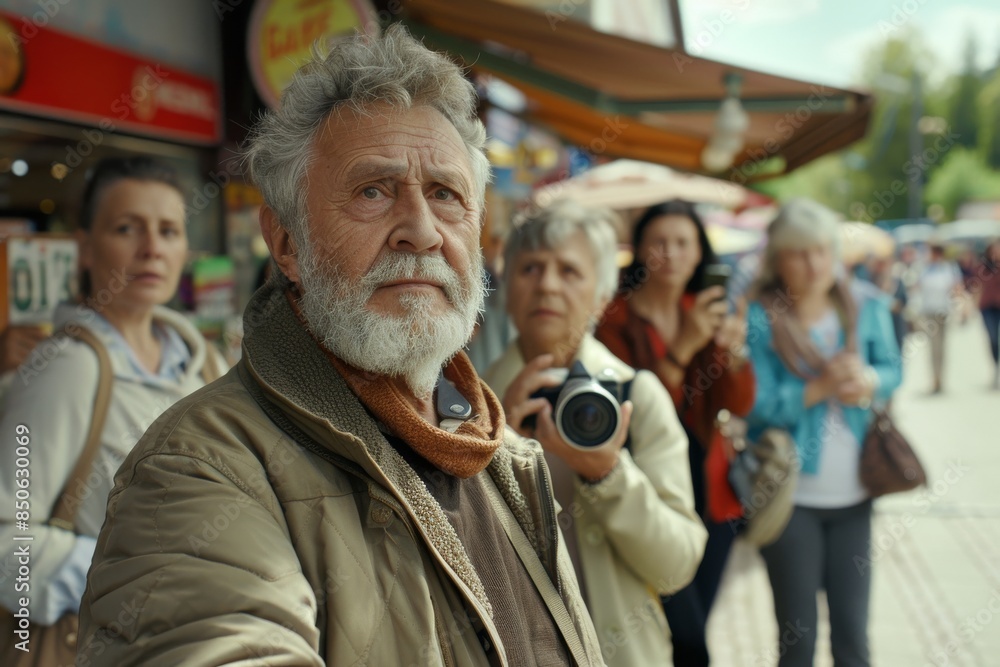 Old man with a white beard in a yellow jacket with a gray mustache on a blurred background of people on the street Old man with a white beard in a yellow jacket with a gray mustache on a blurred background of people on the street