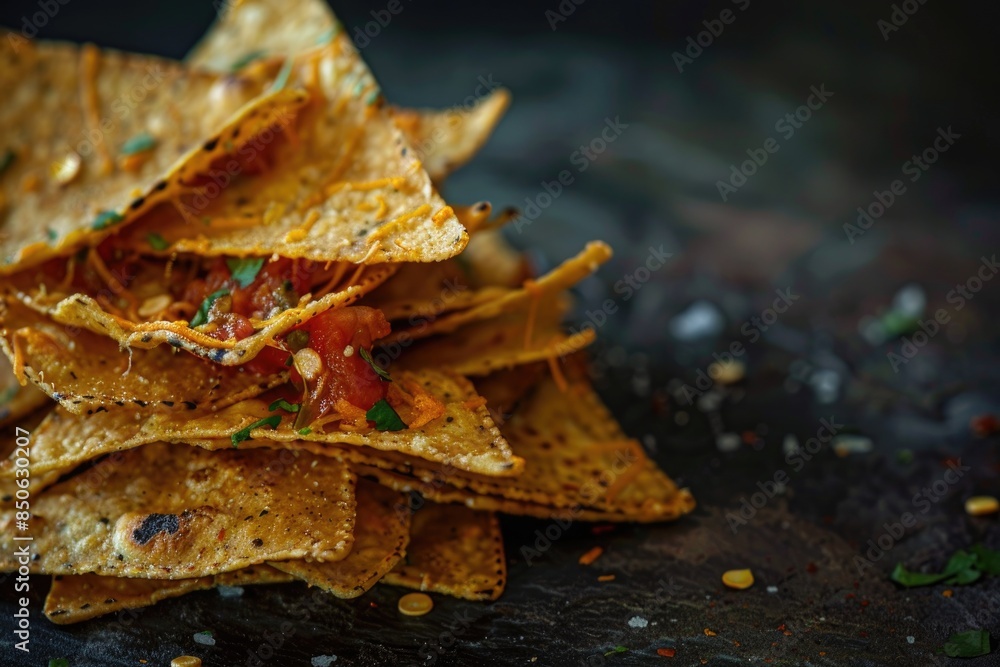 Close Up of Crunchy Triangle Tortilla Chips with Seasoning on Wooden Table Close Up of Crunchy Triangle Tortilla Chips with Seasoning on Wooden Table
