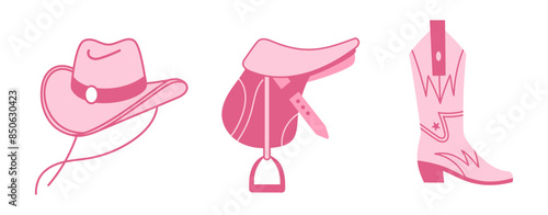 Cowgirl Pink core fashion elements set. Cowgirl hat, saddle, cowboy boots. Cowboy western and wild west theme bundle. Hand drawn vector illustration.