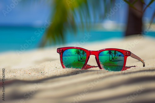 Sunglasses on the beach sand with palm trees and sea or ocean background close up. Tropical and exotic summer holiday or vacation concept image. Sunglasses on the sand at caribbean or maldive island