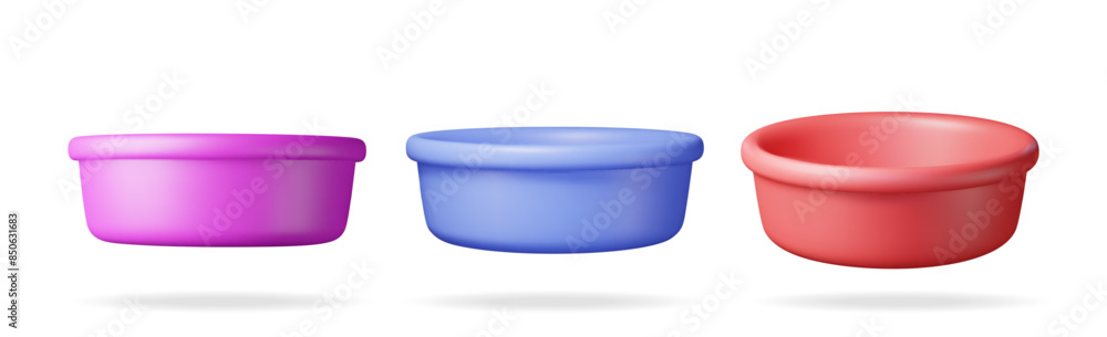 3D set of wash water basin isolated on white. Render collection of baby bath basin icon. House cleaning equipment. Household accessories. Realistic vector illustration 3D set of wash water basin isolated on white. Render collection of baby bath basin icon. House cleaning equipment. Household accessories. Realistic vector illustration
