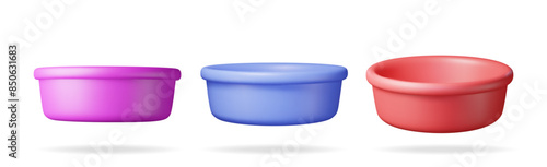 3D set of wash water basin isolated on white. Render collection of baby bath basin icon. House cleaning equipment. Household accessories. Realistic vector illustration
