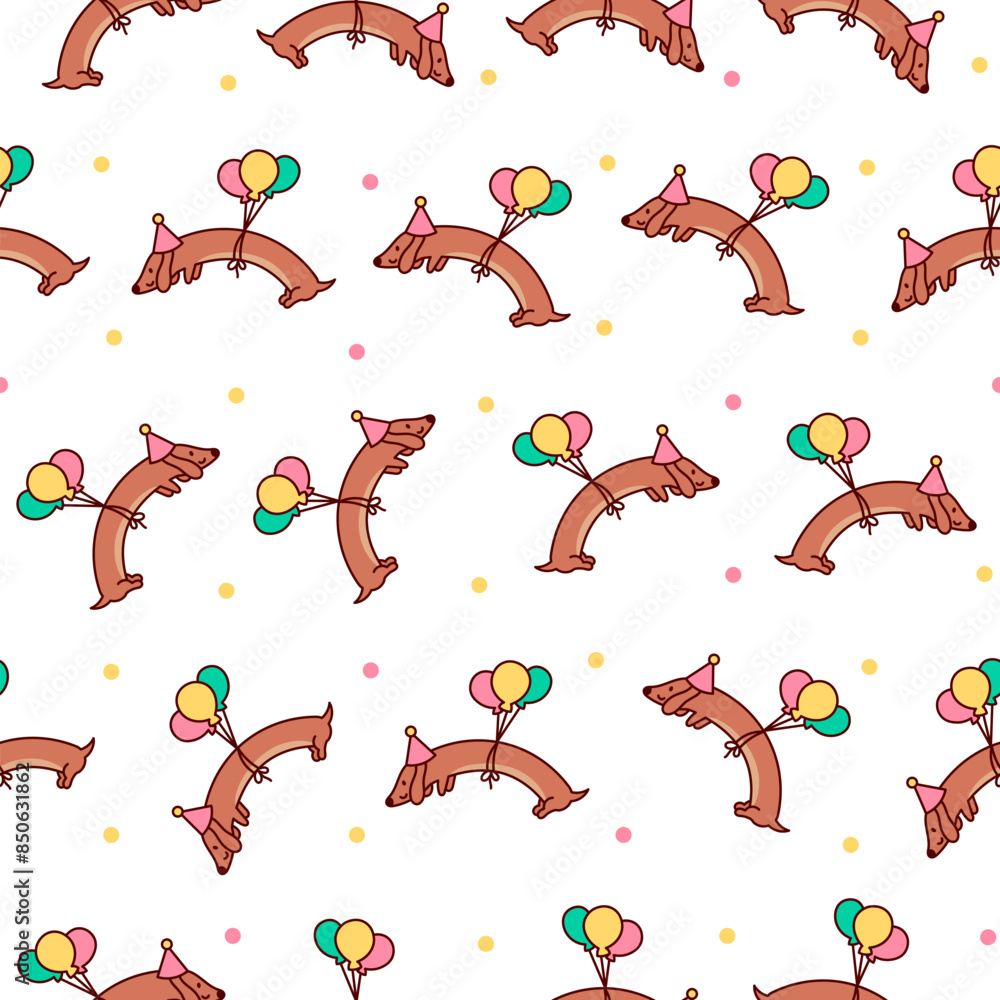 Naklejka premium Cute cartoon long dachshund dog. Seamless pattern. Puppy wagging tail. Funny pet character. Hand drawn style. Vector drawing. Design ornaments.