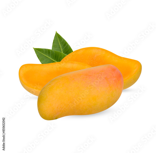 Mango fruit and sliced with leaves isolated on white background