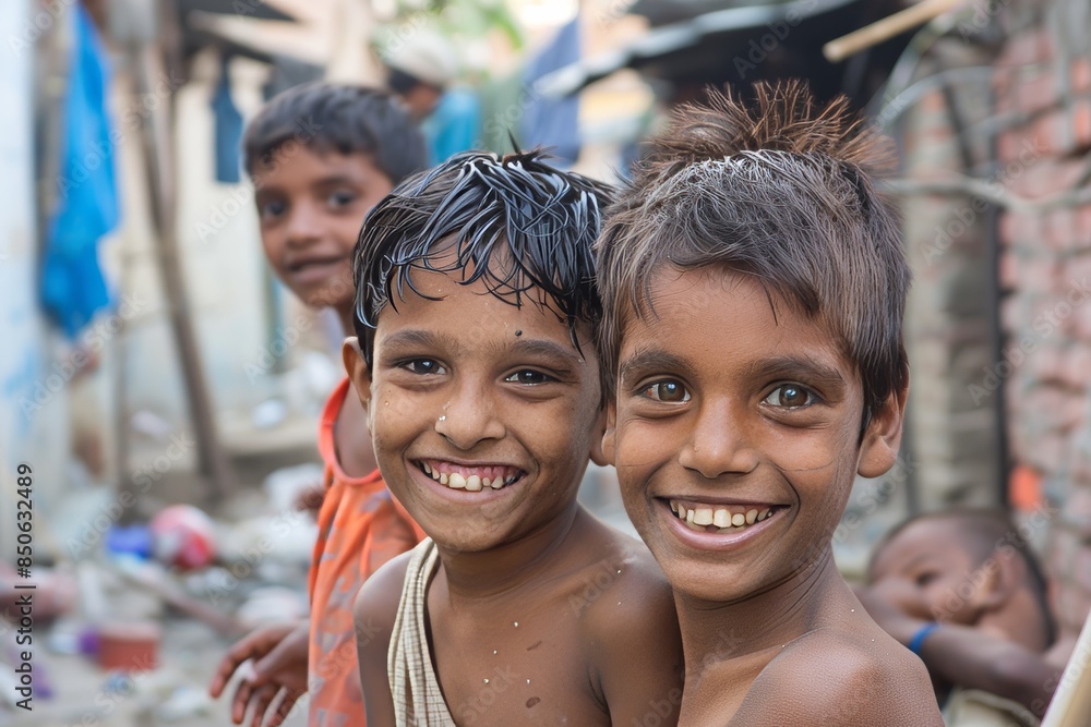 Portrait of a smiling Indian boy and his sister in the village. Portrait of a smiling Indian boy and his sister in the village.