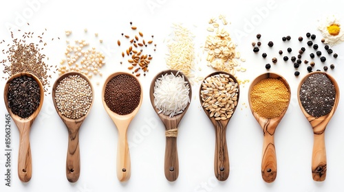 The knelling of different types and colors of grains, spices, and herbs on a white background photo