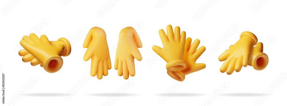 3d set of yellow rubber gloves isolated on white. Render collection of latex gloves icon. Hygiene, cleaning, wash, housekeeping work. Work and protective equipment. Vector illustration 3d set of yellow rubber gloves isolated on white. Render collection of latex gloves icon. Hygiene, cleaning, wash, housekeeping work. Work and protective equipment. Vector illustration