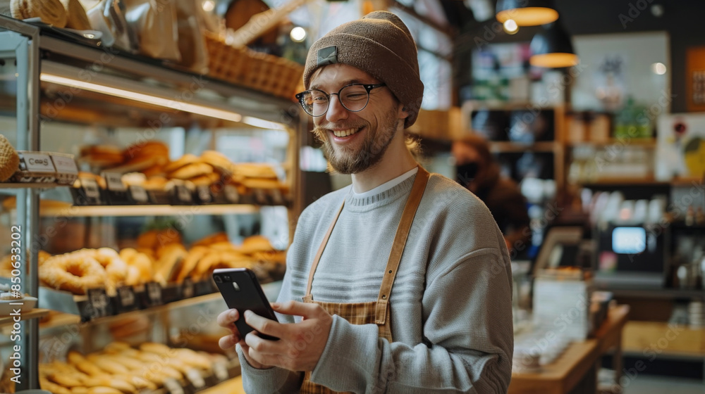 Smiling barista in a bakery using a smartphone, surrounded by fresh bread and pastries, depicting a cheerful work environment. Smiling barista in a bakery using a smartphone, surrounded by fresh bread and pastries, depicting a cheerful work environment.