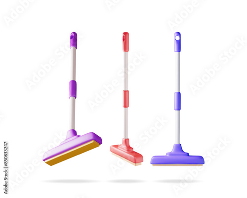 3d set of floor cleaning mop with plastic handle isolated. Render collection of home mop tool icon. House cleaning equipment. Household accessories. Realistic vector illustration