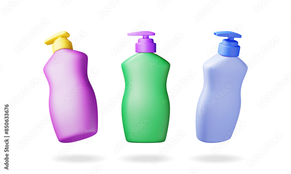 3D set of plastic bottle with dispenser pump isolated. Render collection of bottle for liquids symbol. House cleaning equipment. Household accessories. Realistic vector illustration 3D set of plastic bottle with dispenser pump isolated. Render collection of bottle for liquids symbol. House cleaning equipment. Household accessories. Realistic vector illustration
