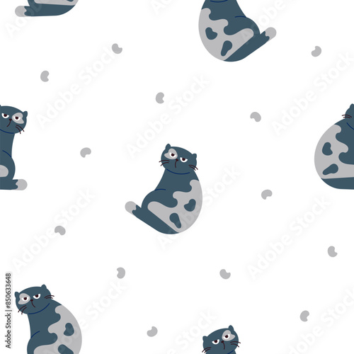 Cute funny cat. Seamless pattern. Kitten character cartoon. Vector drawing. Design ornaments.