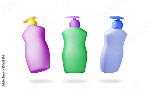 3D set of plastic bottle with dispenser pump isolated. Render collection of bottle for liquids symbol. House cleaning equipment. Household accessories. Realistic vector illustration