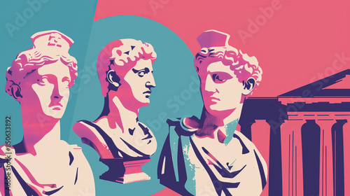 Risograph print, Roman marble statues, poster, card, wallpaper or banner illustration, modern, clear, simple, stencilled. Retro, vintage, artsy, trendy, printing, stencil, graphic design. Italy, Rome