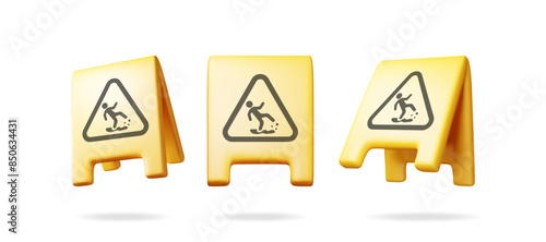 3d set of plastic wet floor sign isolated on white. Render collection of yellow wet floor placard icon. House cleaning equipment. Household accessories. Realistic vector illustration