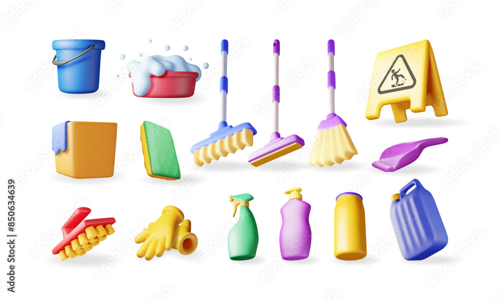 3D set of home cleaning tools isolated. Render collection of accessories for washing dishes and house cleaning. Bottle of detergent, sponge, soap gloves. Bucket, mop broom dustpan. Vector illustration 3D set of home cleaning tools isolated. Render collection of accessories for washing dishes and house cleaning. Bottle of detergent, sponge, soap gloves. Bucket, mop broom dustpan. Vector illustration